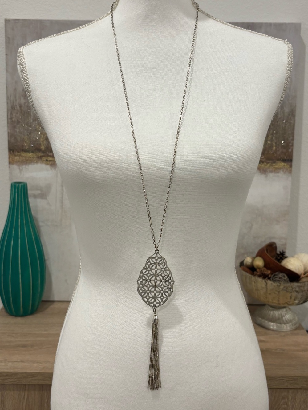 Long Silver Filigree Pendant Necklace with Tassel